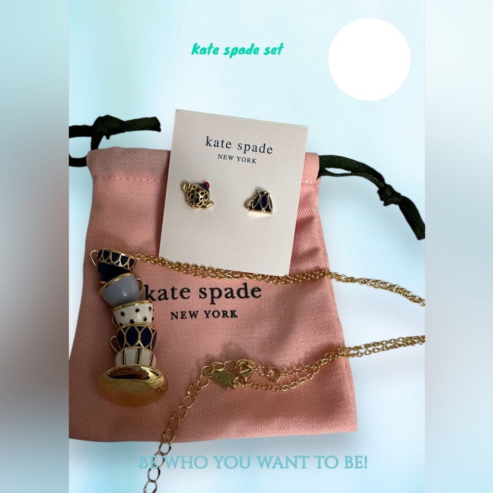 Kate Spade Set Tea Time Multicolored Five Teacup Necklace & Earrings NEW